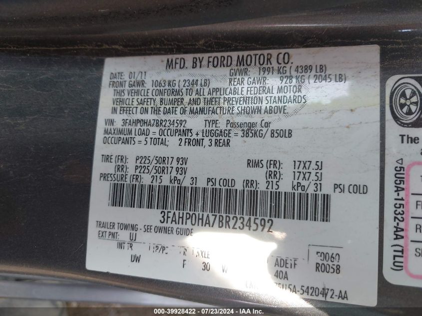 2011 Ford Fusion Se VIN: 3FAHP0HA7BR234592 Lot: 39928422