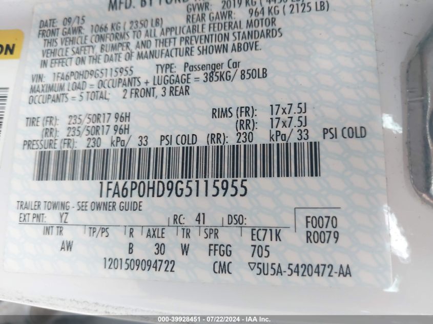 2016 Ford Fusion Se VIN: 1FA6P0HD9G5115955 Lot: 39928451