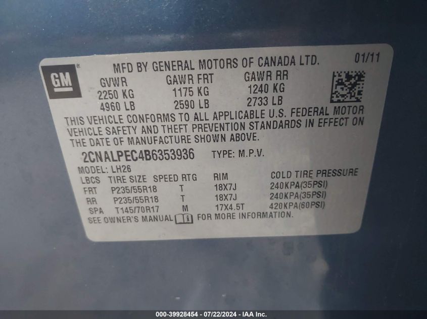 2011 Chevrolet Equinox 2Lt VIN: 2CNALPEC4B6353936 Lot: 39928454