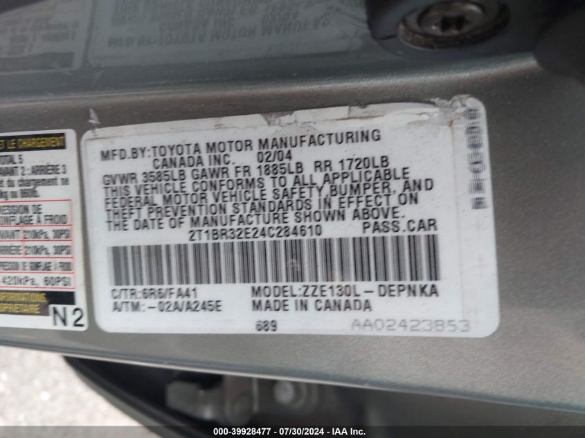 2004 Toyota Corolla Le VIN: 2T1BR32E24C284610 Lot: 39928477