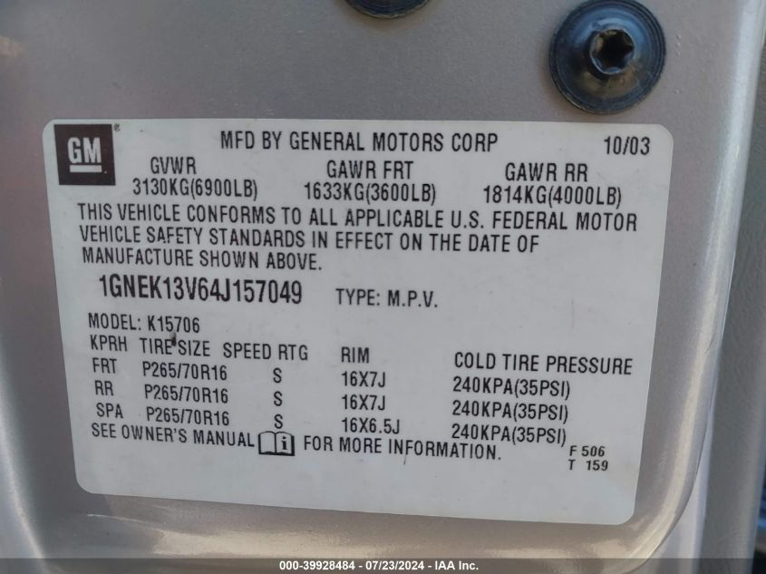 2004 Chevrolet Tahoe Ls VIN: 1GNEK13V64J157049 Lot: 39928484