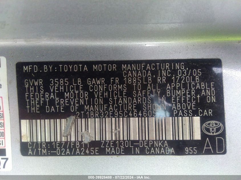 2005 Toyota Corolla Le VIN: 2T1BR32E95C464605 Lot: 39928488