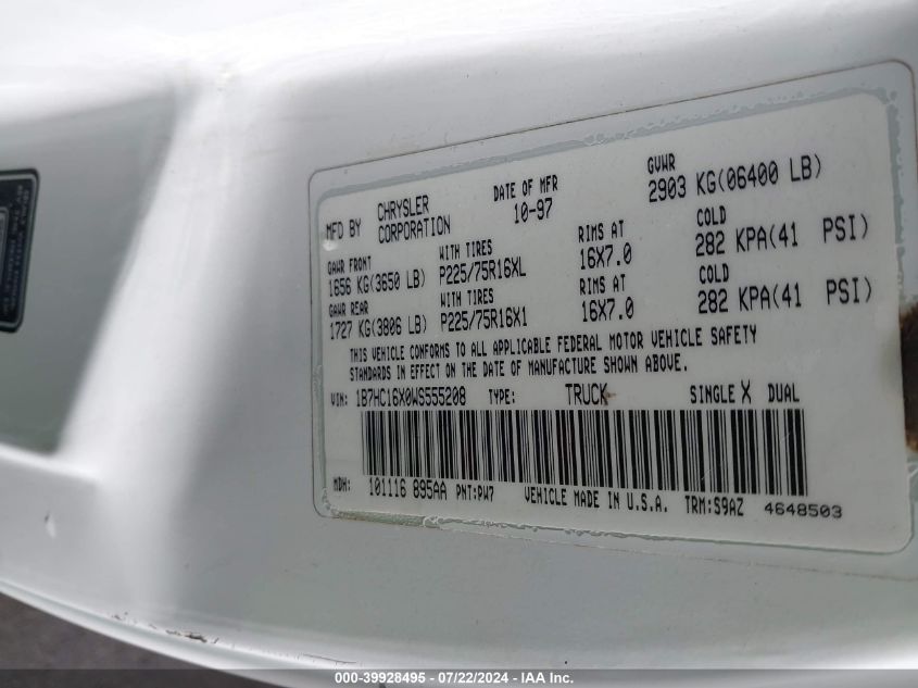 1998 Dodge Ram 1500 St/Ws VIN: 1B7HC16X0WS555208 Lot: 39928495