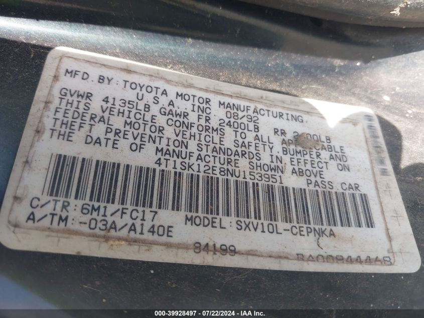 1992 Toyota Camry Le VIN: 4T1SK12E8NU153951 Lot: 39928497