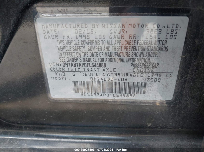 2015 Nissan Sentra Sv VIN: 3N1AB7AP0FL644888 Lot: 39928506