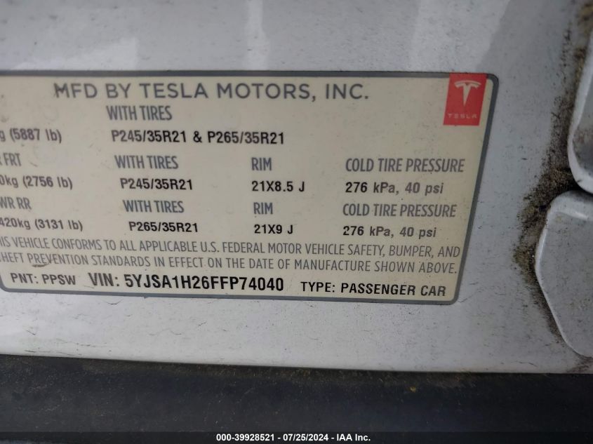 2015 Tesla Model S 70D/85D/P85D VIN: 5YJSA1H26FFP74040 Lot: 39928521