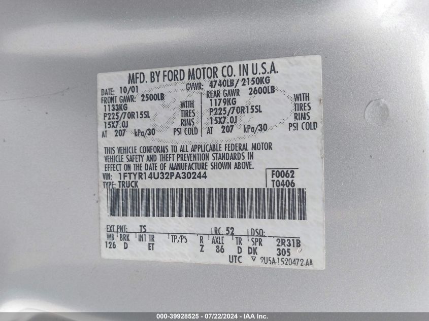2002 Ford Ranger Edge/Tremor/Xl/Xlt VIN: 1FTYR14U32PA30244 Lot: 39928525