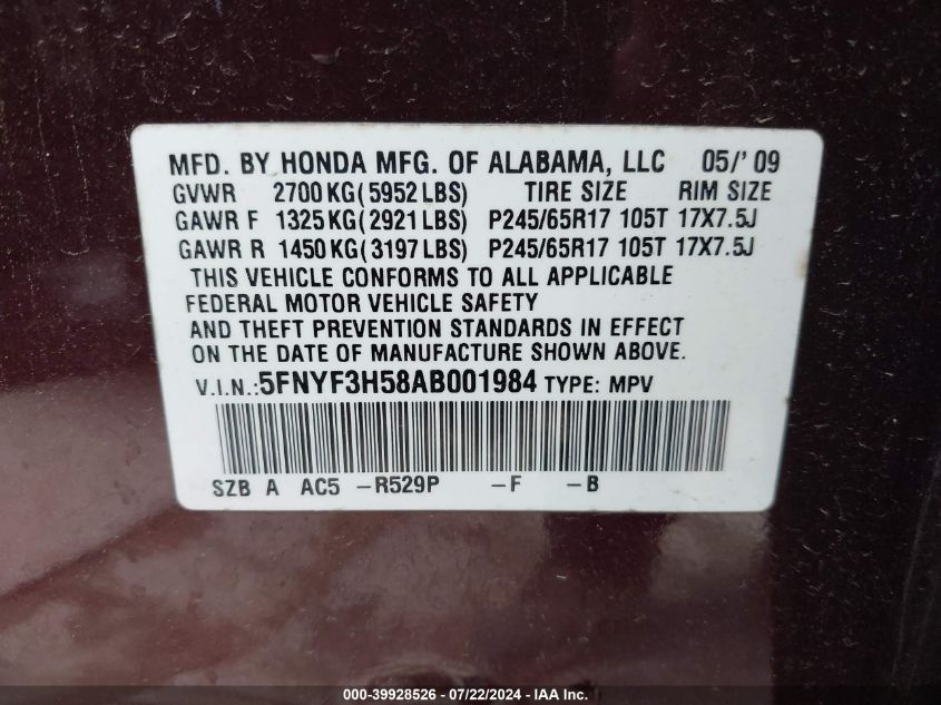 2010 Honda Pilot Ex-L VIN: 5FNYF3H58AB001984 Lot: 39928526