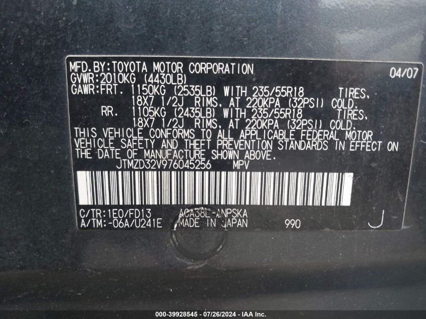 2007 Toyota Rav4 Sport VIN: JTMZD32V976045256 Lot: 39928545