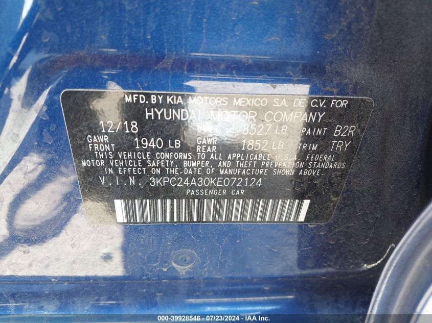 2019 Hyundai Accent Se VIN: 3KPC24A30KE072124 Lot: 39928546