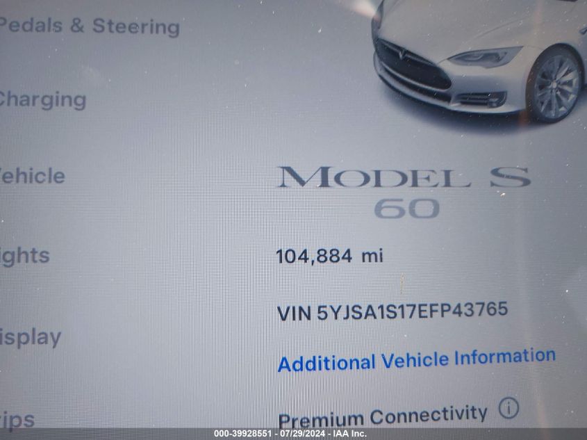 2014 Tesla Model S VIN: 5YJSA1S17EFP43765 Lot: 39928551