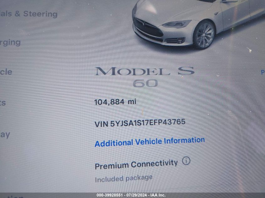 2014 Tesla Model S VIN: 5YJSA1S17EFP43765 Lot: 39928551