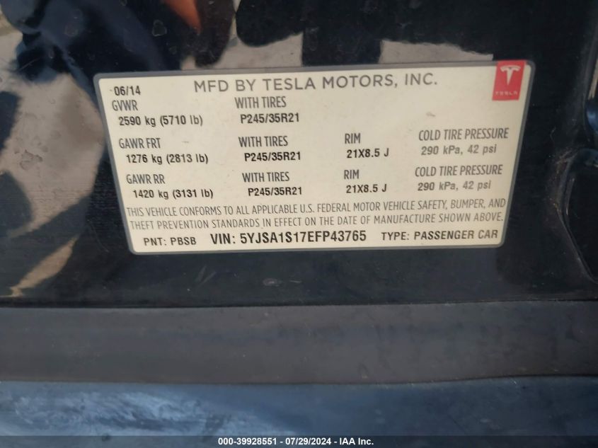 2014 Tesla Model S VIN: 5YJSA1S17EFP43765 Lot: 39928551