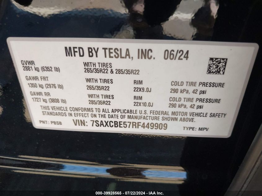 2024 Tesla Model X Long Range VIN: 7SAXCBE57RF449909 Lot: 39928565