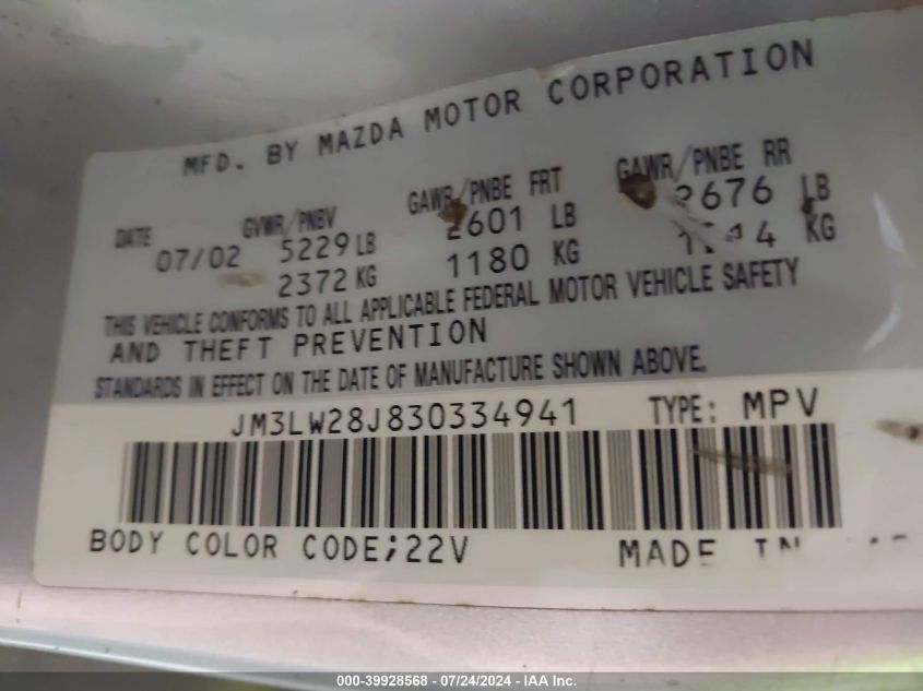 2003 Mazda Mpv Es/Lx/Lx-Sv VIN: JM3LW28J830334941 Lot: 39928568
