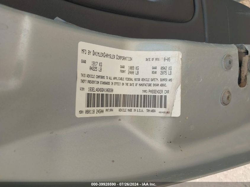 2006 Dodge Stratus Sxt VIN: 1B3EL46X66N106930 Lot: 39928590