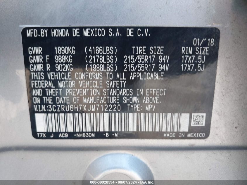 2018 Honda Hr-V Ex-L VIN: 3CZRU6H7XJM712220 Lot: 39928594