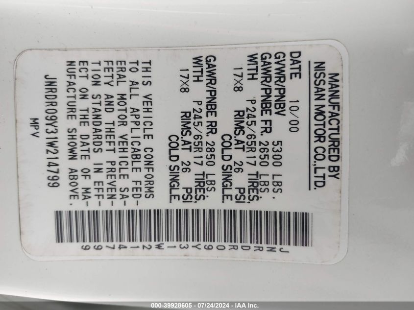 2001 Infiniti Qx4 Luxury VIN: JNRDR09Y31W214799 Lot: 39928605