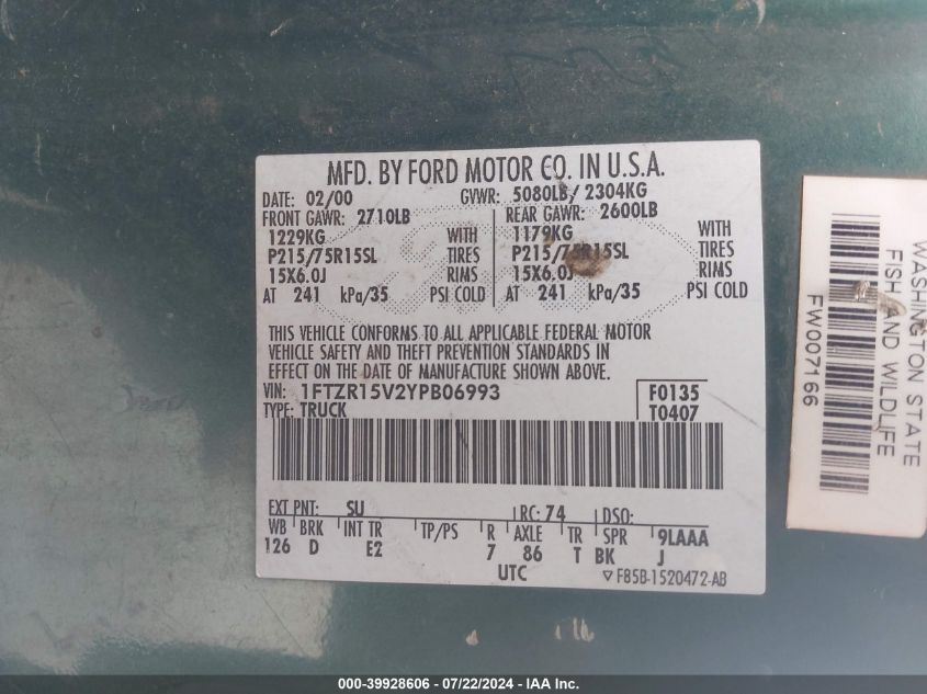2000 Ford Ranger Xl/Xlt VIN: 1FTZR15V2YPB06993 Lot: 39928606