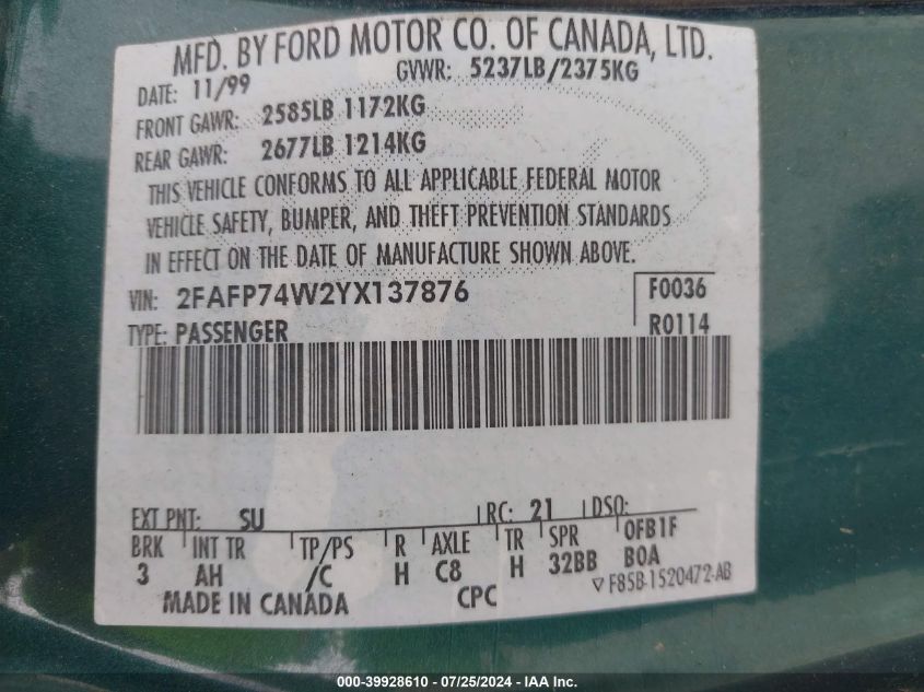 2000 Ford Crown Victoria Lx VIN: 2FAFP74W2YX137876 Lot: 39928610