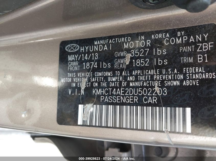 2013 Hyundai Accent VIN: KMHTC4AE2DU502203 Lot: 39928623