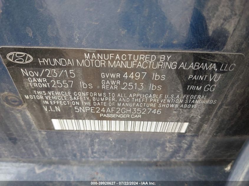 5NPE24AF2GH352746 | 2016 HYUNDAI SONATA