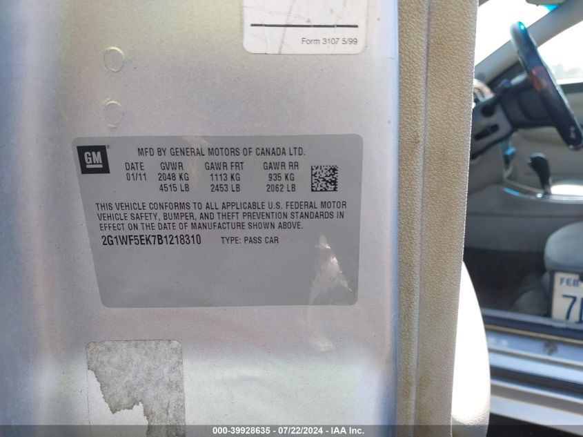 2011 Chevrolet Impala Ls VIN: 2G1WF5EK7B1218310 Lot: 39928635