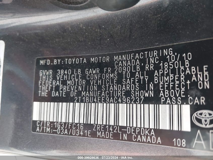 2010 Toyota Corolla Le VIN: 2T1BU4EE9AC496237 Lot: 39928636