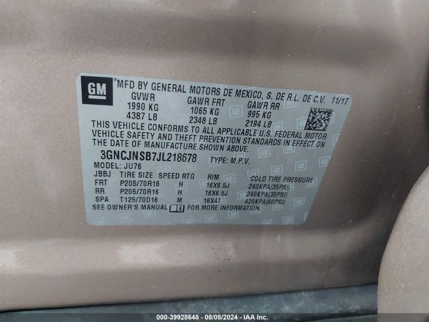 2018 Chevrolet Trax Ls VIN: 3GNCJNSB7JL218678 Lot: 39928648