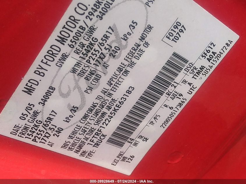 2005 Ford F150 VIN: 1FTRF12245KE63183 Lot: 39928649