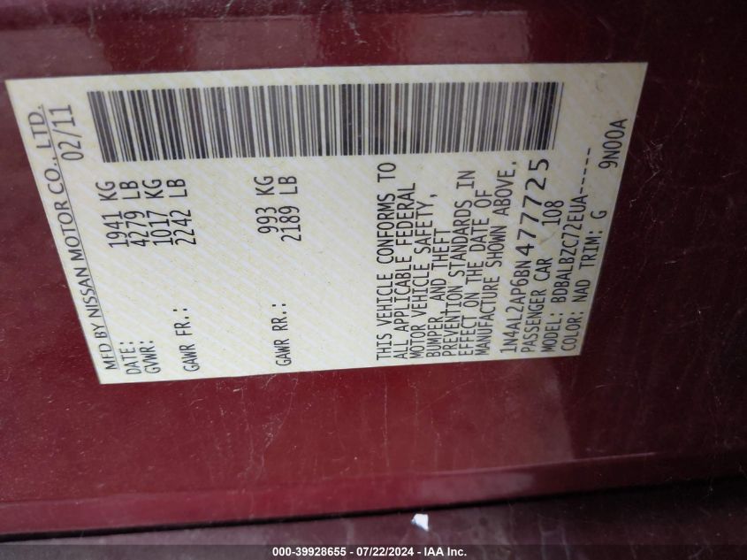 2011 Nissan Altima 2.5 S VIN: 1N4AL2AP6BN477725 Lot: 39928655