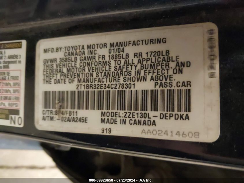 2004 Toyota Corolla Ce VIN: 2T1BR32E34C278301 Lot: 39928658