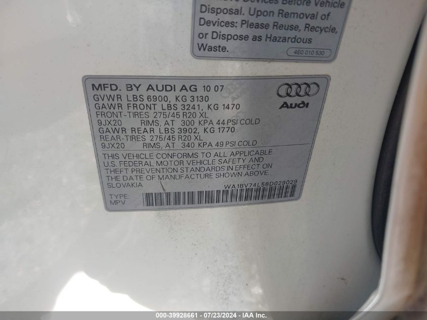 2008 Audi Q7 4.2 Premium VIN: WA1BV74L58D029029 Lot: 39928661