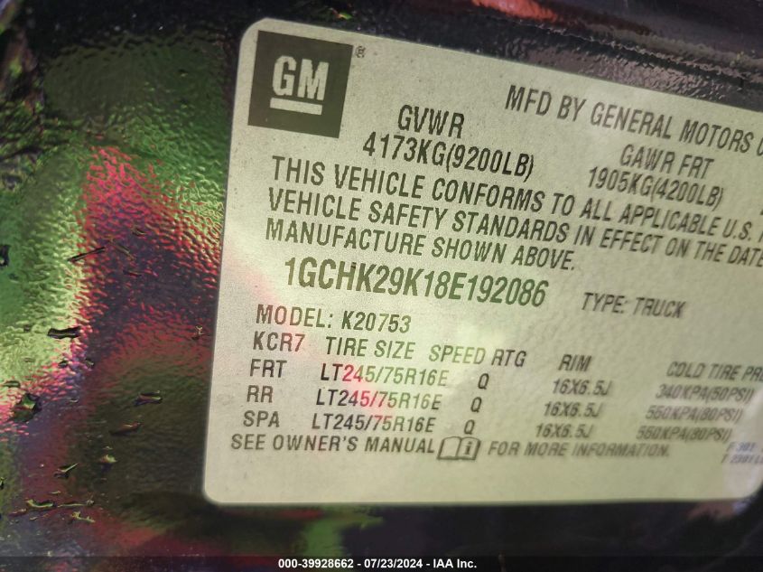 2008 Chevrolet Silverado 2500Hd Lt1 VIN: 1GCHK29K18E192086 Lot: 39928662