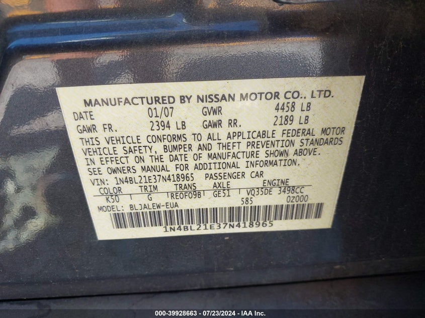 2007 Nissan Altima 3.5 Sl VIN: 1N4BL21E37N418965 Lot: 39928663