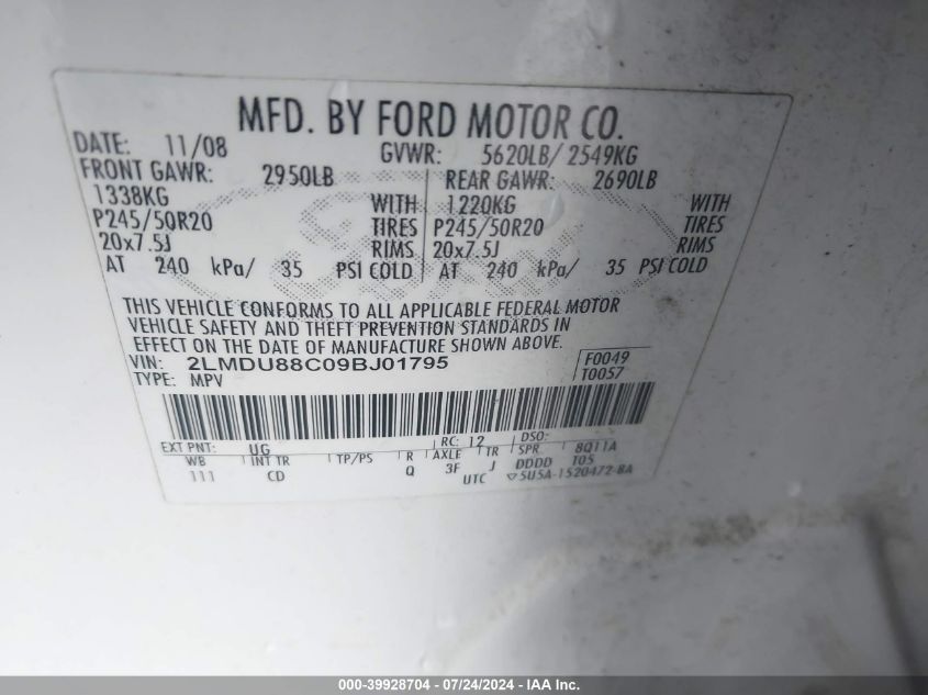 2009 Lincoln Mkx VIN: 2LMDU88C09DJ01795 Lot: 39928704
