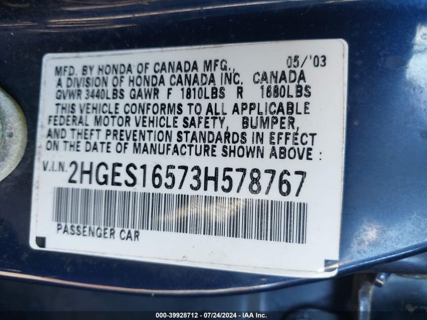 2003 Honda Civic Lx VIN: 2HGES16573H578767 Lot: 39928712