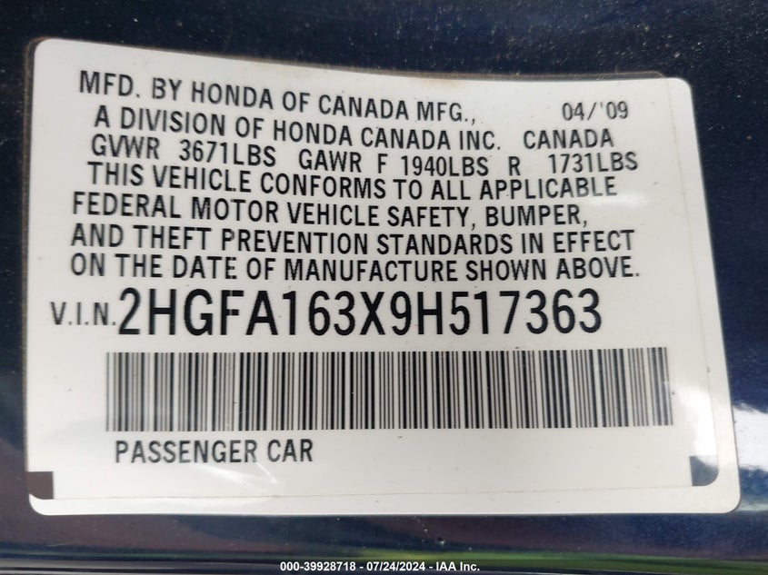 2009 Honda Civic Vp VIN: 2HGFA163X9H517363 Lot: 39928718
