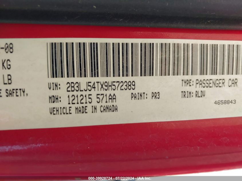 2009 Dodge Challenger R/T VIN: 2B3LJ54TX9H572389 Lot: 39928724