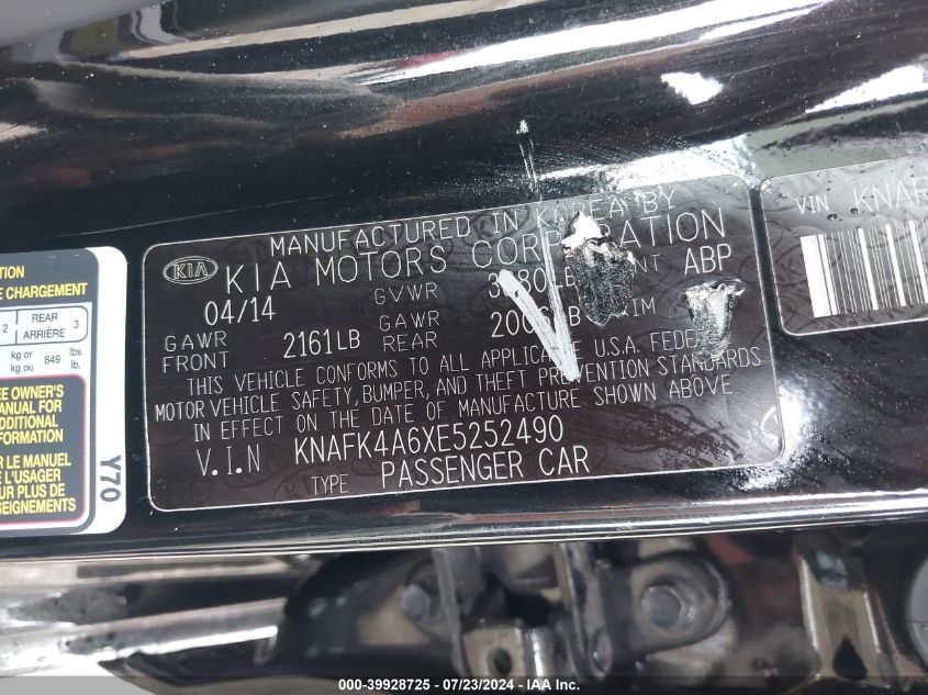 2014 Kia Forte Lx VIN: KNAFK4A6XE5252490 Lot: 39928725