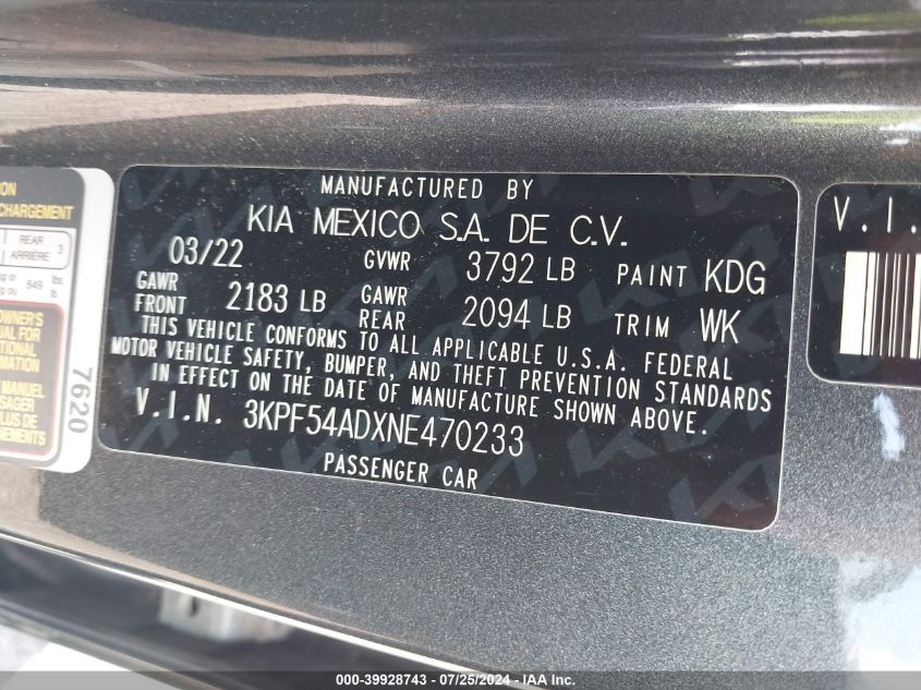 2022 Kia Forte Gt-Line VIN: 3KPF54ADXNE470233 Lot: 39928743