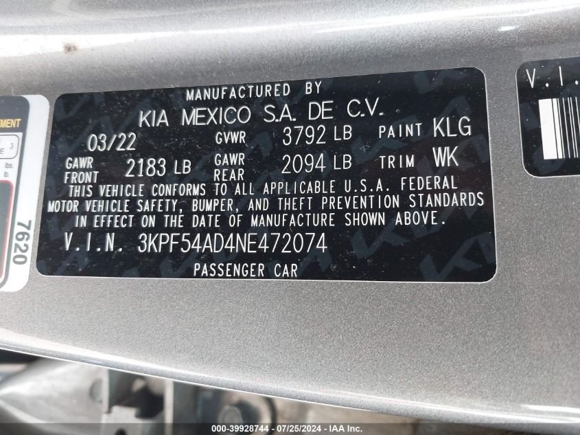2022 Kia Forte Gt-Line VIN: 3KPF54AD4NE472074 Lot: 39928744