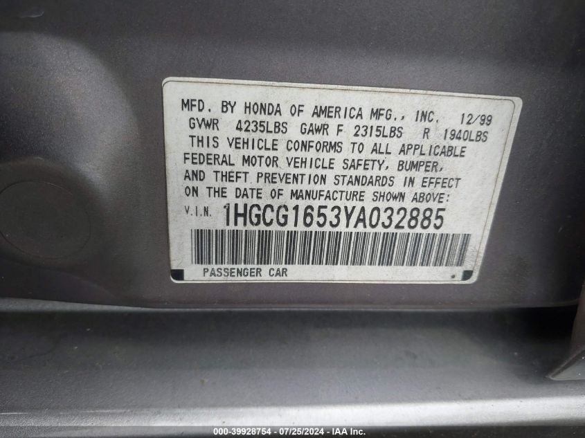 2000 Honda Accord 3.0 Ex VIN: 1HGCG1653YA032885 Lot: 39928754