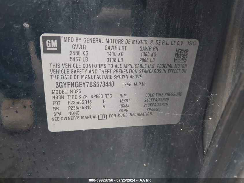 2011 Cadillac Srx Standard VIN: 3GYFNGEY7BS573440 Lot: 39928756