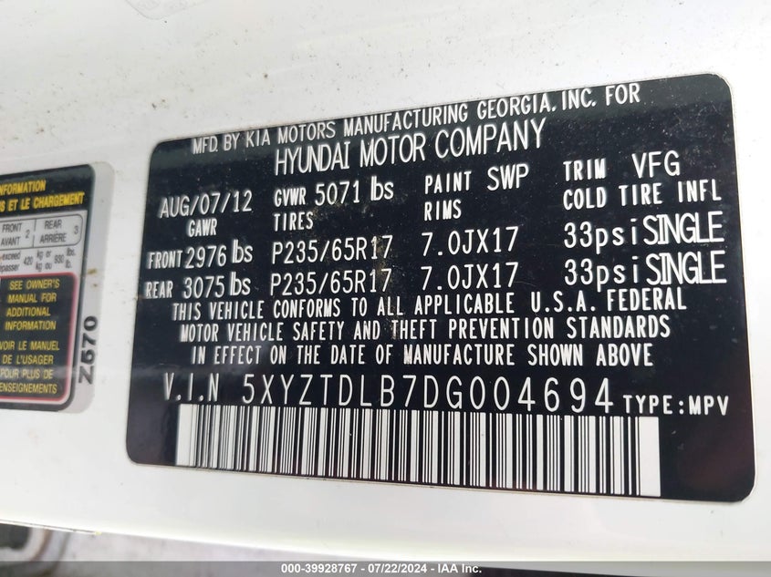 2013 Hyundai Santa Fe Sport VIN: 5XYZTDLB7DG004694 Lot: 39928767