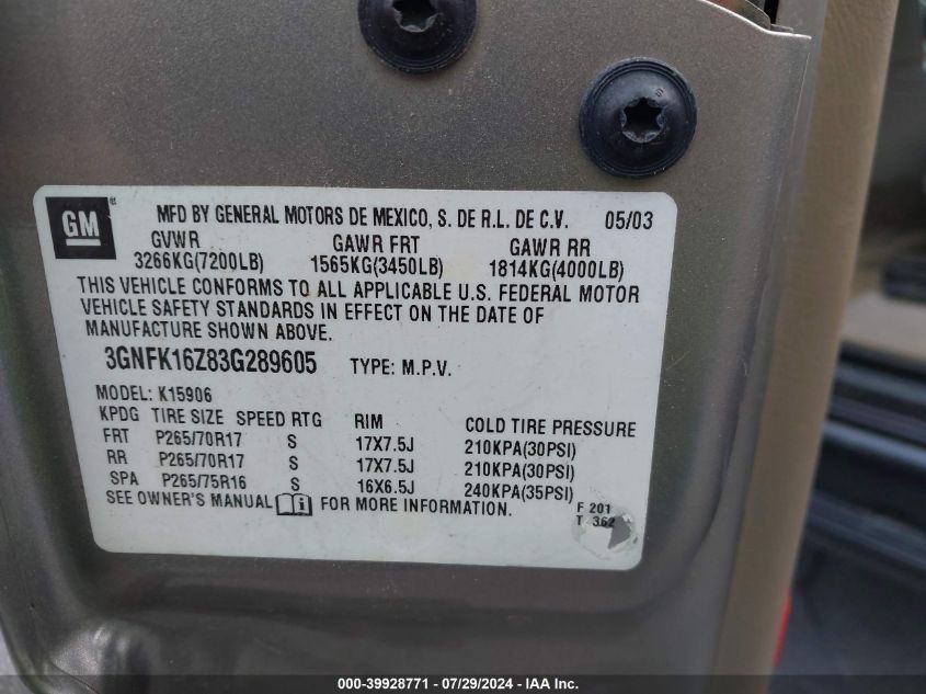 2003 Chevrolet Suburban 1500 Z71 VIN: 3GNFK16Z83G289605 Lot: 39928771