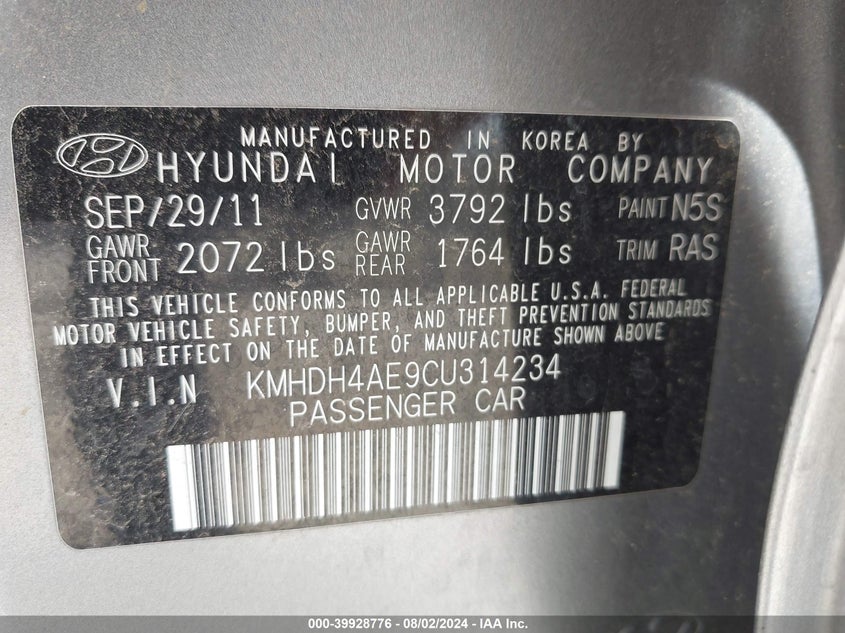 2012 Hyundai Elantra Gls (Ulsan Plant) VIN: KMHDH4AE9CU314234 Lot: 39928776
