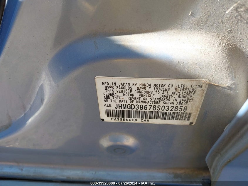 2008 Honda Fit Sport VIN: JHMGD38678S032858 Lot: 39928800