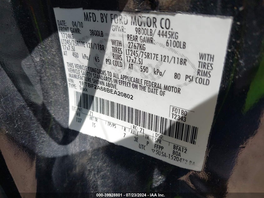 2011 Ford F-250 Xl VIN: 1FTBF2A68BEA20802 Lot: 39928801