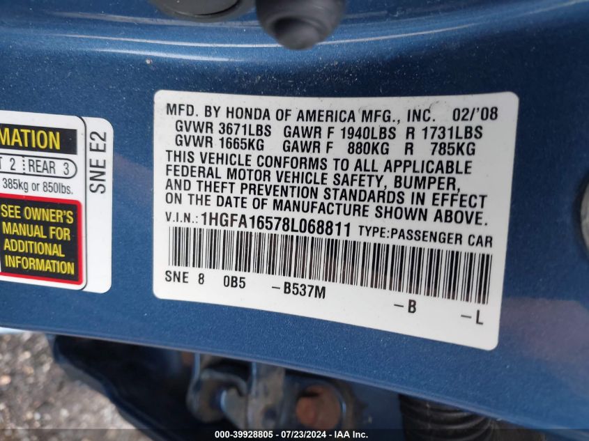 2008 Honda Civic Lx VIN: 1HGFA16578L068811 Lot: 39928805